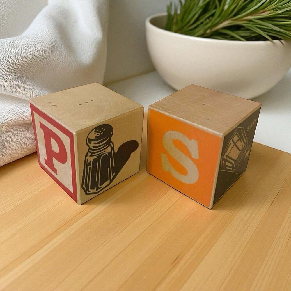 Fred Brand Salt & Pepper Set Wood Blocks 2005 Alphabet Blocks Retro